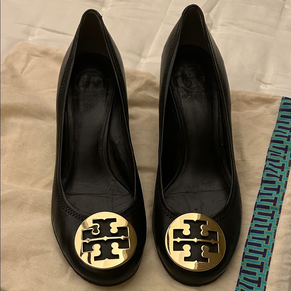 Tory Burch Black Heels with Gold Logo